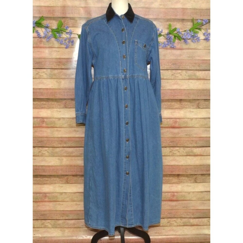 Sun River Womens M Denim Shirt Dress Blue Jean Maxi Black Collar Vintage 90s